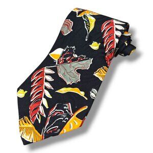 Vintage Christian Dior Monsieur Mens Silk Tie Black & Multicolor Leaf Pattern